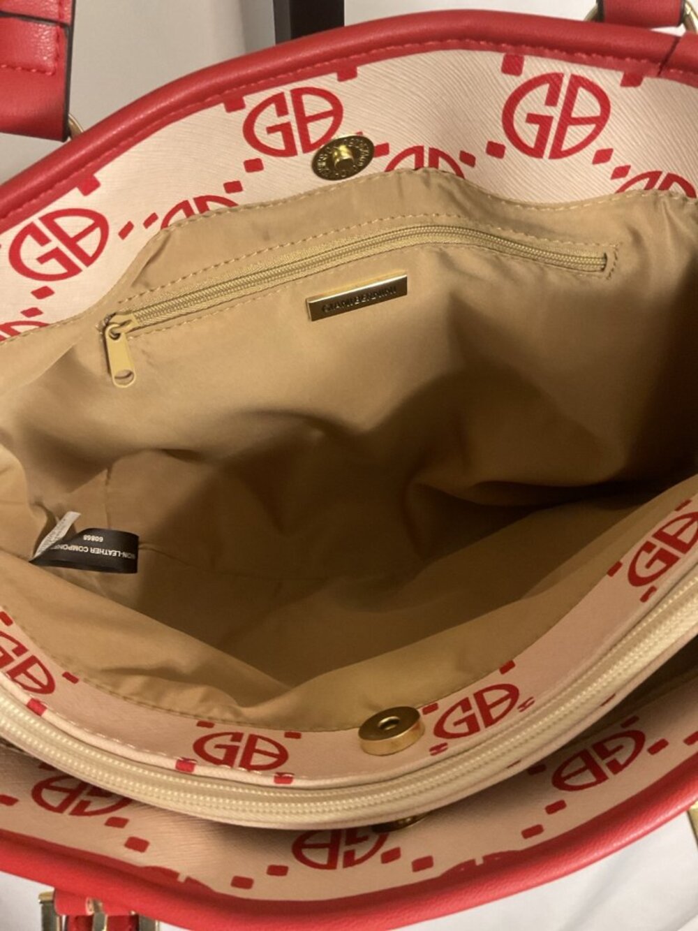 Giani Bernini Red White Monogram Tote Bag Shoulder Purse Zip Pocket Large - Picture 4 of 10